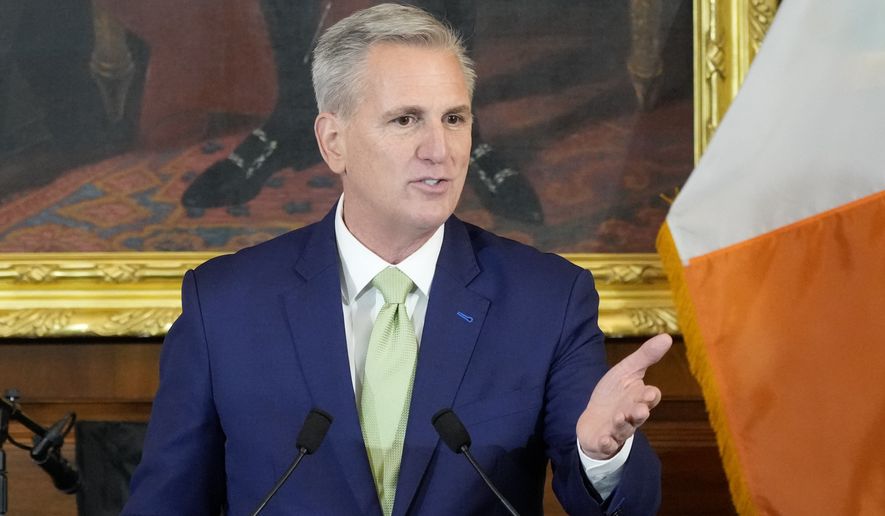 House Speaker Kevin McCarthy of Calif., speaks during a Friends of Ireland Caucus St. Patrick&#x27;s Day luncheon at the U.S. Capitol, Friday, March 17, 2023, in Washington. (AP Photo/Alex Brandon)