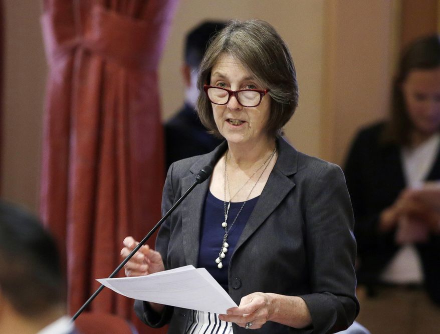 California state Sen. Nancy Skinner, D-Berkeley, speaks on the floor of the California Senate on May 30, 2018. Skinner on Friday, March 17, 2023, announced a bill in the state Legislature that aims to provide legal protections to health care providers who mail abortion pills to patients in other states. (AP Photo/Rich Pedroncelli, File)