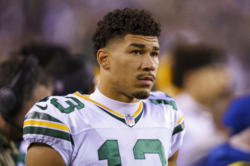 Green Bay Packers wide receiver Allen Lazard (13) looks on during an NFL football game against the Philadelphia Eagles, Sunday, Nov. 27, 2022, in Philadelphia. The New York Jets signed former Green Bay Packers wide receiver Allen Lazard to a four-year contract Friday, March 17, 2023. (AP Photo/Chris Szagola, File)
