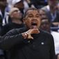 Providence head coach Ed Cooley shouts to his players on the court during the second half of a first-round college basketball game against the Kentucky in the NCAA Tournament on Friday, March 17, 2023, in Greensboro, N.C. (AP Photo/John Bazemore)
