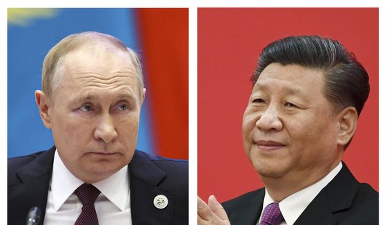 This combination photo shows Russian President Vladimir Putin, left, in Samarkand, Uzbekistan, on Sept. 16, 2022, and China&#x27;s President Xi Jinping in Beijing on Dec. 2, 2019. China says Xi will visit Russia from Monday, March 10, 2023, to Wednesday in an apparent show of support for Putin. (Sergei Bobylev, Noel Celis/Pool Photos via AP, File)