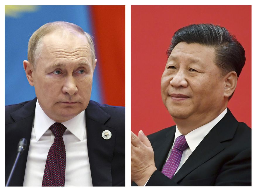 This combination photo shows Russian President Vladimir Putin, left, in Samarkand, Uzbekistan, on Sept. 16, 2022, and China&#x27;s President Xi Jinping in Beijing on Dec. 2, 2019. China says Xi will visit Russia from Monday, March 10, 2023, to Wednesday in an apparent show of support for Putin. (Sergei Bobylev, Noel Celis/Pool Photos via AP, File)