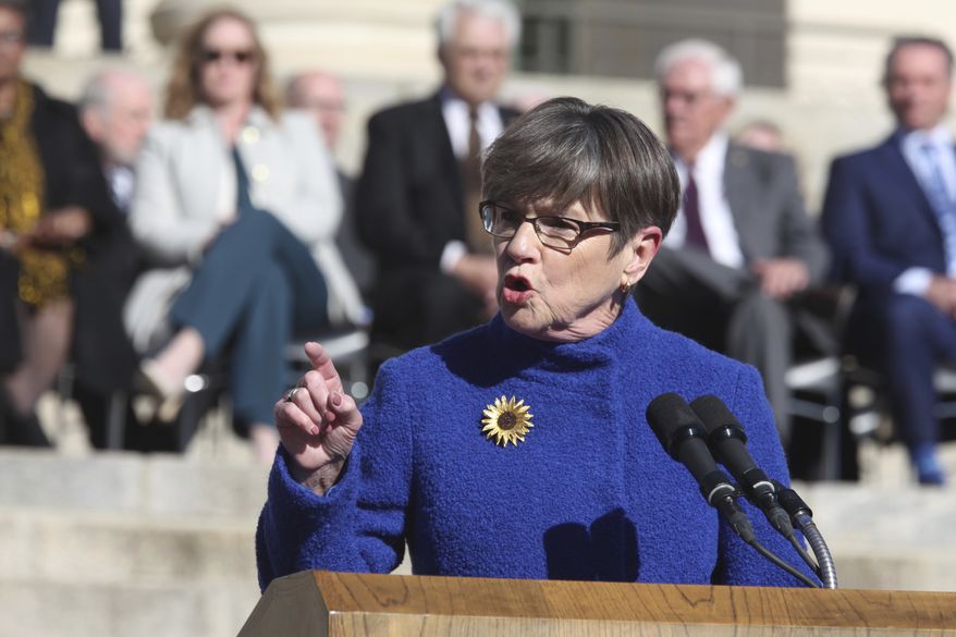 Kansas Gov. Laura Kelly gives her inaugural address for her second four-year term, Monday, Jan. 9, 2023, on the south steps of the Statehouse in Topeka, Kan. A Kansas bill banning transgender athletes from girls&#x27; and women&#x27;s sports was vetoed by Democratic Gov. Laura Kelly for the third year in a row Friday, March 17, 2023 setting up a hotly contested fight in the Republican-controlled Legislature to override her. (AP Photo/John Hanna, File)
