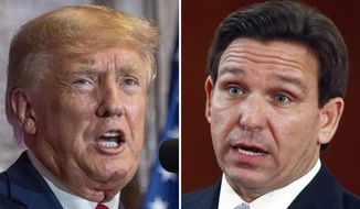 This combination of the photos shows former President Donald Trump, left, and Florida Gov. Ron DeSantis, right. (AP Photo/File)