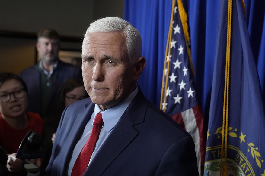 Former Vice President Mike Pence faces reporters after making remarks at a GOP fundraising dinner, March 16, 2023, in Keene, N.H. Top Republicans, including some of former President Donald Trump’s potential rivals for the party’s nomination, rushed to his defense on Saturday after Trump said he is bracing for possible arrest. “Well, like many Americans, I’m just, I’m taken aback,” said Pence, who is widely expected to launch a campaign in the coming weeks and has been escalating his criticism of Trump. (AP Photo/Steven Senne, File)
