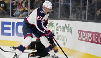 Columbus Blue Jackets left wing Patrik Laine (29) skates against the Vegas Golden Knights during the first period of an NHL hockey game Sunday, March 19, 2023, in Las Vegas. (AP Photo/John Locher)
