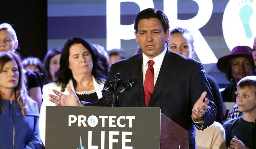 Florida Gov. Ron DeSantis speaks to supporters before signing a 15-week abortion ban into law Thursday, April 14, 2022, in Kissimmee, Fla. In Florida, a DeSantis-backed measure to ban abortion after six weeks of pregnancy — before many women realize they&#x27;re pregnant — is moving through the Republican-controlled state legislature. Democrats there admit there&#x27;s nothing they can do to prevent the bill from becoming law, which DeSantis is using to strengthen his conservative bona fides ahead of a formal presidential announcement expected in the coming months. (AP Photo/John Raoux) **FILE**