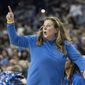 UCLA head coach Cori Close instructs her players in the first half of a first-round college basketball game against Sacramento State in the NCAA Tournament, Saturday, March 18, 2023, in Los Angeles. (AP Photo/Kyusung Gong)