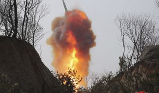 This photo provided by the North Korean government shows what it says is a ballistic missile in North Pyongan Province, North Korea, on March 19, 2023. North Korea says its ballistic missile launch over the weekend simulated a nuclear attack against South Korea. Independent journalists were not given access to cover the event depicted in this image distributed by the North Korean government. The content of this image is as provided and cannot be independently verified. Korean language watermark on image as provided by source reads: &quot;KCNA&quot; which is the abbreviation for Korean Central News Agency. (Korean Central News Agency/Korea News Service via AP)