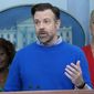 Jason Sudeikis, who plays the title character in the Apple TV+ series “Ted Lasso”, center, speaks during the daily press briefing with White House press secretary Karine Jean-Pierre, left, and fellow cast member Hannah Waddingham, right, at the White House in Washington, Monday, March 20, 2023. (AP Photo/Susan Walsh)