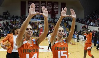 Miami&#x27;s Haley Cavinder (14) and Hanna Cavinder (15) celebrate after Miami defeated Indiana in a second-round college basketball game in the women&#x27;s NCAA Tournament Monday, March 20, 2023, in Bloomington, Ind. (AP Photo/Darron Cummings)