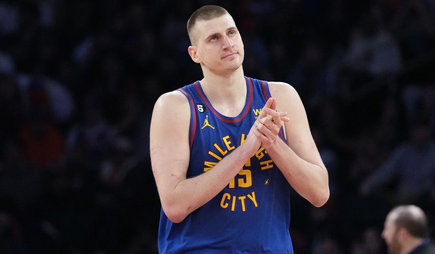 Denver Nuggets center Nikola Jokic during the second half of an NBA basketball game against the New York Knicks, Saturday, March 18, 2023, at Madison Square Garden in New York. The Knicks won 116-110. (AP Photo/Mary Altaffer)