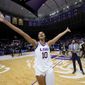 LSU forward Angel Reese (10) waves to the crowd after LSU defeated Michigan in a second-round college basketball game in the women&#x27;s NCAA Tournament in Baton Rouge, La., Sunday, March 19, 2023. (AP Photo/Matthew Hinton)