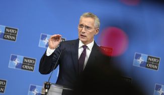 NATO Secretary General Jens Stoltenberg speaks during the launch of the NATO Secretary General&#x27;s Annual Report for 2022 at NATO headuarters in Brussels, Tuesday, March 21, 2023. (AP Photo/Virginia Mayo)