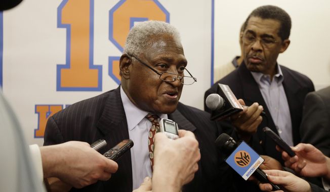 New York Knicks Hall-of-Famer Willis Reed responds to questions during an interview before an NBA basketball game between the Knicks and the Milwaukee Bucks, Friday, April 5, 2013, in New York. Willis Reed, who dramatically emerged from the locker room minutes before Game 7 of the 1970 NBA Finals to spark the New York Knicks to their first championship and create one of sports’ most enduring examples of playing through pain, died Tuesday, March 21, 2023. He was 80. Reed&#x27;s death was announced by the National Basketball Retired Players Association, which confirmed it through his family. (AP Photo/Frank Franklin II, File) **FILE**
