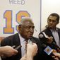 New York Knicks Hall-of-Famer Willis Reed responds to questions during an interview before an NBA basketball game between the Knicks and the Milwaukee Bucks, Friday, April 5, 2013, in New York. Willis Reed, who dramatically emerged from the locker room minutes before Game 7 of the 1970 NBA Finals to spark the New York Knicks to their first championship and create one of sports’ most enduring examples of playing through pain, died Tuesday, March 21, 2023. He was 80. Reed&#x27;s death was announced by the National Basketball Retired Players Association, which confirmed it through his family. (AP Photo/Frank Franklin II, File) **FILE**