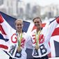 Britain&#x27;s gold medalists Helen Glover, left, and Heather Stanning pose for photographs with their medals after the medal ceremony for the women&#x27;s rowing pair rowing event at the Summer Olympics in Rio de Janeiro, Brazil, Friday, Aug. 12, 2016. Two-time Olympic rowing champion Helen Glover is making another comeback in a bid to qualify for a fourth Summer Games, saying she will be representing a “whole community of parents&quot; in elite sport. (Ezra Shaw/Pool Photo via AP, File)