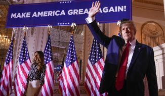 Former President Donald Trump waves after announcing he is running for president for the third time at Mar-a-Lago in Palm Beach, Fla., Nov. 15, 2022. Trump has returned to Facebook after a more than two-year ban. &quot;I&#x27;M BACK!&quot; Trump posted on the site weeks after his personal account was reactivated. (AP Photo/Andrew Harnik)