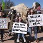 More than 50 people gathered Tuesday, March 21, 2023, at West Texas A&amp;M University in Canyon, Texas, to protest the university president&#x27;s decision to cancel a drag show on campus. (Michael Cuviello/Amarillo Globe-News via AP)