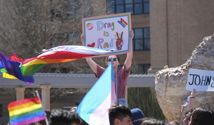 More than 50 people gathered Tuesday, March 21, 2023, at West Texas A&amp;M University in Canyon, Texas, to protest the university president&#x27;s decision to cancel a drag show on campus. (Michael Cuviello/Amarillo Globe-News via AP)
