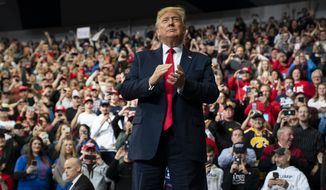 President Donald Trump arrives to speak at a campaign rally at the Knapp Center on the campus of Drake University, Jan. 30, 2020, in Des Moines, Iowa. . (AP Photo/ Evan Vucci, File)
