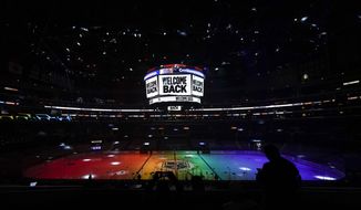 The ice is lit in rainbow light for Pride Night before an NHL hockey game between the Anaheim Ducks and the Los Angeles Kings, Monday, April 26, 2021, in Los Angeles. The Chicago Blackhawks will not wear Pride-themed warmup jerseys before Sunday&#x27;s Pride Night game against Vancouver because of security concerns involving a Russian law that expands restrictions on activities seen as promoting LGBTQ rights in the country. (AP Photo/Ashley Landis, File)