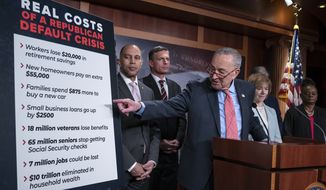 Senate Majority Leader Chuck Schumer, D-N.Y., center, joined from left by, House Minority Leader Hakeem Jeffries, D-N.Y., with Democratic members of the Joint Economic Committee, Sen. Martin Heinrich, D-N.M., Sen. Tina Smith, D-Minn., and Rep. Gwen Moore, D-Wis., talks to reporters about the Joint Economic Committee Report on the Republican Party&#x27;s debt limit position, at the Capitol in Washington, Thursday, March 23, 2023. (AP Photo/J. Scott Applewhite)