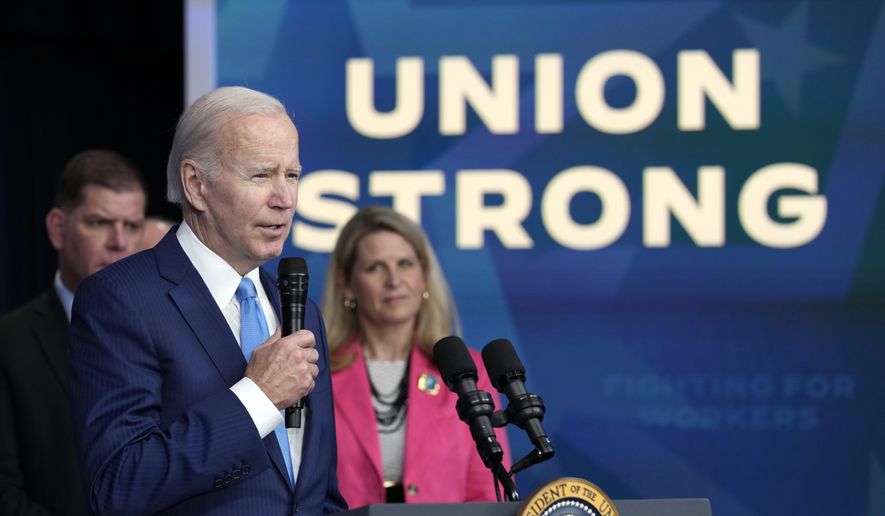 President Joe Biden speaks in the South Court Auditorium on the White House complex in Washington, Dec. 8, 2022, about the infusion of nearly $36 billion to shore up a financially troubled union pension plan, preventing severe cuts to the retirement incomes of more than 350,000 Teamster workers and retirees across the United States. (AP Photo/Susan Walsh) **FILE**
