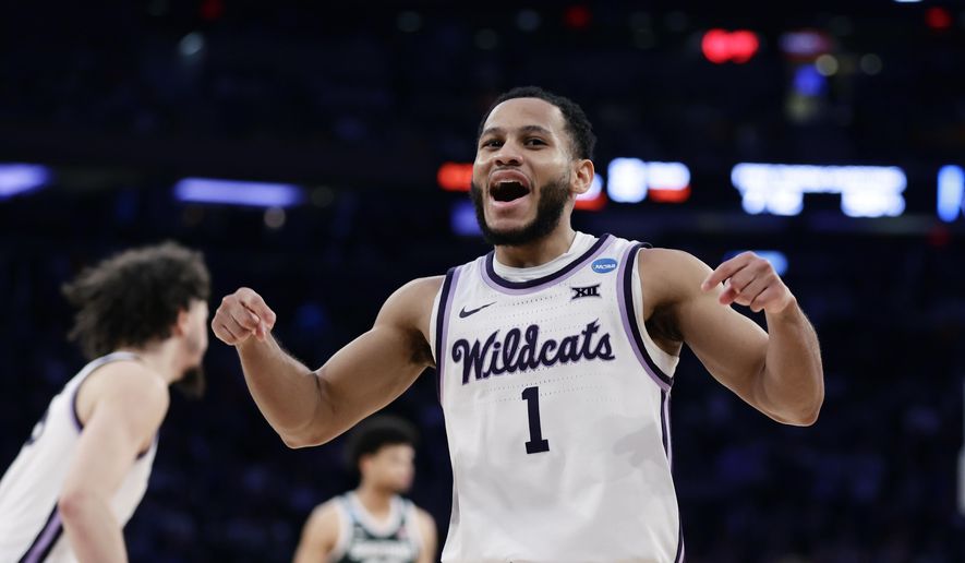 Kansas State guard Markquis Nowell reacts after a play in the second half of a Sweet 16 college basketball game against Michigan State in the East Regional of the NCAA tournament at Madison Square Garden, Thursday, March 23, 2023, in New York. (AP Photo/Adam Hunger)