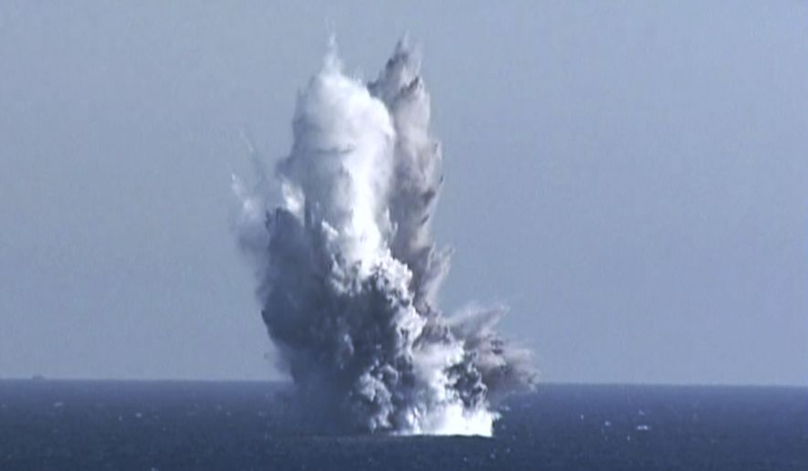 This photo provided by the North Korean government, shows what it says is an underwater blast of test warhead loaded to an unmanned underwater nuclear attack craft &quot;Haeil&quot; during an exercise around Hongwon Bay in waters off North Korea&#x27;s eastern coast Thursday, March 23, 2023. Independent journalists were not given access to cover the event depicted in this image distributed by the North Korean government. The content of this image is as provided and cannot be independently verified. Korean language watermark on image as provided by source reads: &quot;KCNA&quot; which is the abbreviation for Korean Central News Agency. (Korean Central News Agency/Korea News Service via AP)