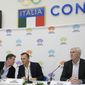 World Athletics President Sebastian Coe, left, World Athletics CEO Jon Ridgeon, center, and Head of the World Athletics Russia Taskforce Group Rune Andersen attend a press conference at the conclusion of the World Athletics meeting at the Italian National Olympic Committee headquarters in Rome, Wednesday, Nov. 30, 2022. Track and field leaders signaled Thursday, March 23, 2023, that it will be nearly impossible for Russian and Belarusian athletes to compete at the Paris Olympics next year if the war in Ukraine continues. The World Athletics Council kept its ban on Russian athletes in international events in place “for the foreseeable future.&quot; (AP Photo/Gregorio Borgia)