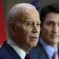 President Joe Biden speaks during a news conference with Canadian Prime Minister Justin Trudeau, Friday, March 24, 2023, in Ottawa, Canada. (Justin Tang/The Canadian Press via AP)