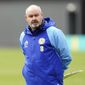 Scotland soccer manager Steve Clarke attends a training session at Lesser Hampden, Glasgow, Scotland, Friday March 24, 2023, ahead of their Euro 2024 qualifying match against Cyprus on Saturday. (Jane Barlow/PA via AP)
