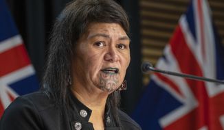 New Zealand Foreign Affairs Minister Nanaia Mahuta speak during the post-Cabinet press conference in Wellington, New Zealand, March 7, 2022. Mahuta has expressed concern to China over any provision of lethal aid to support Russia in its war against Ukraine during a meeting with her Chinese counterpart. (Mark Mitchell/Pool Photo via AP, File)