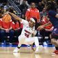 Louisville guard Morgan Jones (24) attempts to maintain control of the basketball as she falls backward during the second quarter of the team&#x27;s Sweet 16 college basketball game against Mississippi in the women&#x27;s NCAA Tournament in Seattle, Friday, March 24, 2023. (AP Photo/Caean Couto)
