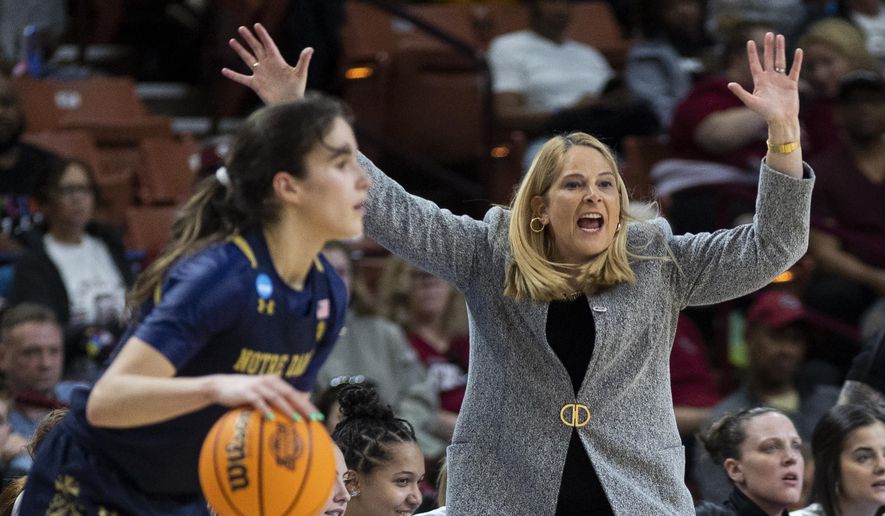 Maryland&#x27;s head coach Brenda Frese yells to her players during the first half of a Sweet 16 college basketball game against against Notre Dame in the NCAA Tournament in Greenville, S.C., Saturday, March 25, 2023. (AP Photo/Mic Smith)