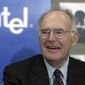 Gordon Moore, the legendary Intel Corp. co-founder who predicted the growth of the semiconductor industry, smiles during a news conference, Thursday, May 24, 2001, in Santa Clara, Calif. Moore, the Intel Corp. co-founder who set the breakneck pace of progress in the digital age with a simple 1965 prediction of how quickly engineers would boost the capacity of computer chips, has died. He was 94. Intel and the Gordon and Betty Moore Foundation say Moore died Friday, March 24, 2023 at his home in Hawaii. (AP Photo/Ben Margot, File)