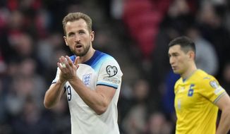 Englands&#x27; Harry Kane reacts during the Euro 2024 group C qualifying soccer match between England and Ukraine at Wembley Stadium in London, Sunday, March 26, 2023. (AP Photo/Alastair Grant)