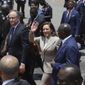 U.S. Vice President Kamala Harris waves as she arrives in Accra, Ghana, Sunday, March 26, 2023. Harris is on a seven-day African visit that will also take her to Tanzania and Zambia. (AP Photo/Misper Apawu)