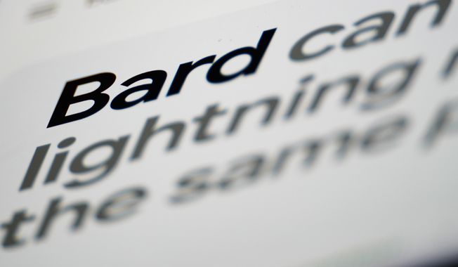 A portion of Google&#x27;s Bard website is shown in Glenside, Pa., Monday, March 27, 2023. The recently rolled-out bot dubbed Bard is the internet search giant&#x27;s answer to the ChatGPT tool that Microsoft has been melding into its Bing search engine and other software. (AP Photo/Matt Rourke)