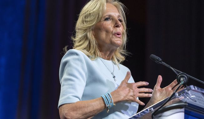 First lady Jill Biden speaks to the National League of Cities Congressional Cities Conference, Monday, March 27, 2023, in Washington. (AP Photo/Jacquelyn Martin)