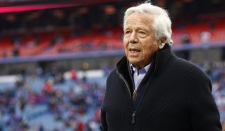 FILE - New England Patriots owner Robert Kraft walks the field during practice before an NFL football game against the Buffalo Bills, Sunday, Jan. 8, 2023, in Orchard Park, N.Y. On Monday, March 27, 2023, Kraft launched a $25-million national ad campaign against antisemitism. (AP Photo/Jeffrey T. Barnes, File)