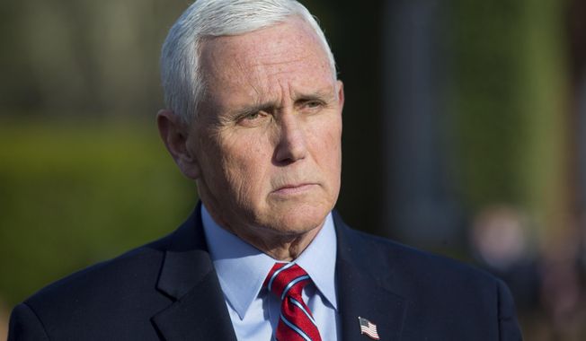 Former Vice President Mike Pence speaks to reporters before the MockCon event at University Chapel at Washington and Lee University Tuesday, March 21, 2023, in Lexington, Va. (Scott P. Yates/The Roanoke Times via AP)
