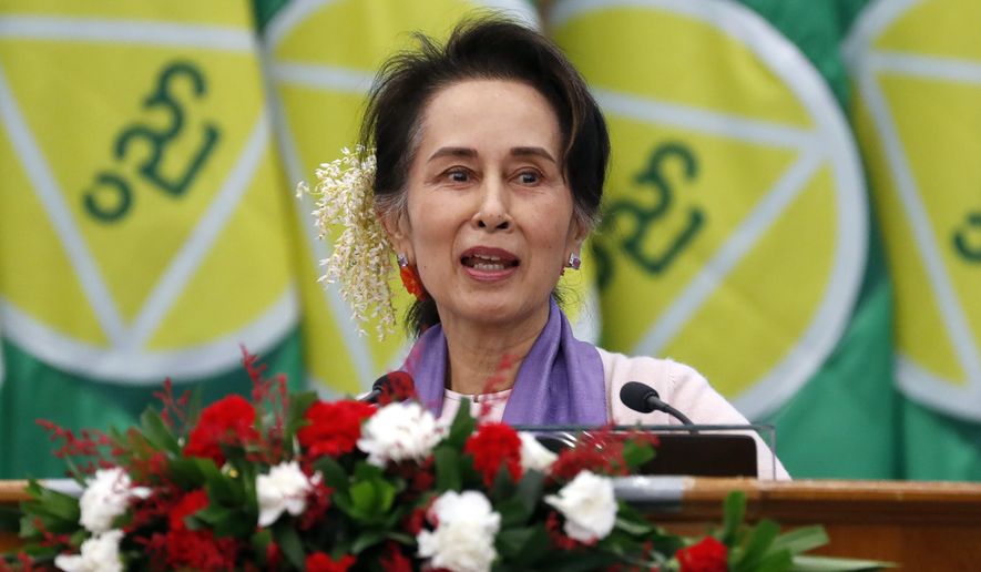Myanmar&#x27;s then leader Aung San Suu Kyi delivers a speech during a meeting on the implementation of Myanmar Education Development in Naypyitaw, Myanmar, on Jan. 28, 2020. The political party led by Myanmar&#x27;s ousted leader Aung San Suu Kyi is expected to face automatic dissolution by the military-appointed election commission on midnight Tuesday, March 28, 2023, because it declined to register for a planned general election it denounced as a sham. (AP Photo, File)