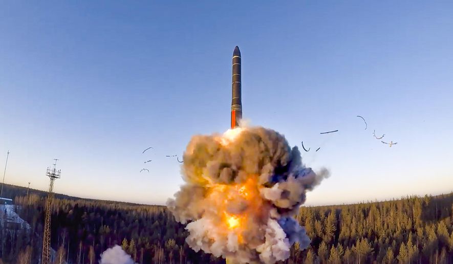 In this file photo taken from a video distributed by Russian Defense Ministry Press Service, on Dec. 9, 2020, a rocket launches from missile system as part of a ground-based intercontinental ballistic missile test launched from the Plesetsk facility in northwestern Russia. The United States and Russia have stopped sharing biannual nuclear weapons data under the faltering New START arms control treaty. U.S. officials say they had offered to continue to provide such information to Russia even after President Vladimir Putin suspended Russia&#x27;s participation in the treaty, but that Moscow had declined to share its own data. (Russian Defense Ministry Press Service via AP) **FILE**