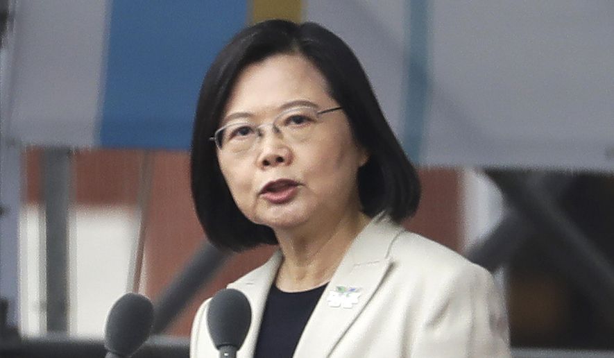 Taiwanese President Tsai Ing-wen delivers a speech during National Day celebrations in front of the Presidential Building in Taipei, Taiwan, on Oct. 10, 2022. China has threatened “resolute countermeasures” over a planned meeting between Taiwanese President Tsai Ing-wen and Speaker of the United States House Speaker Kevin McCarthy during an upcoming visit in Los Angeles by the head of the self-governing island democracy. On April 5, 2023, Tsai’s expected to stop in Los Angeles. (AP Photo/Chiang Ying-ying, File)