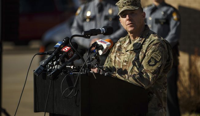 Brig. Gen. John Lubas address the press in regards to the Black Hawk helicopter crash that occurred early Thursday morning, March 30, 2023, outside of Fort Campbell in Christian County, Ky., on Thursday. Soldiers were conducting a training mission when they crashed, leaving nine dead. (Liam Kennedy/The Tennessean via AP)
