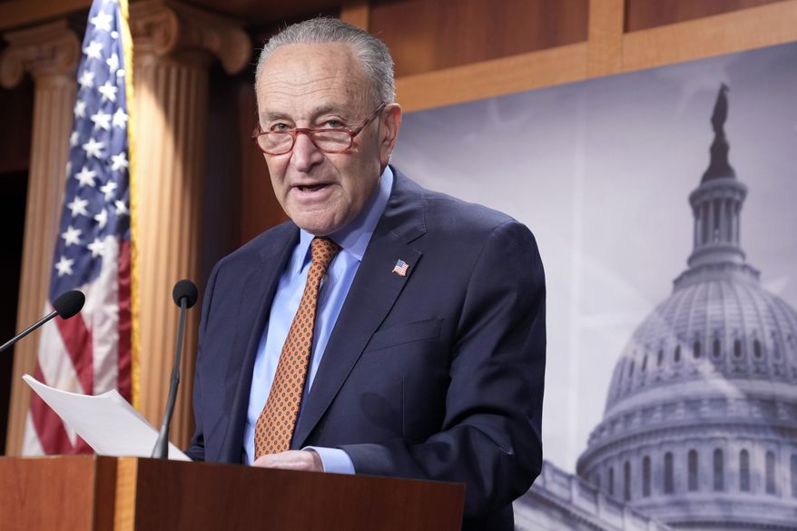 Senate Majority Leader Chuck Schumer, D-N.Y., speaks during a news conference Thursday, March 30, 2023, on Capitol Hill in Washington. (AP Photo/Mariam Zuhaib)