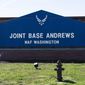 The sign for Joint Base Andrews is seen on March 26, 2021, at Andrews Air Force Base, Md. Joint Base Andrews has been locked down for reports of a man carrying an “assault-style” rifle on Thursday, March 30, 2023, authorities said. (AP Photo/Alex Brandon) **FILE**