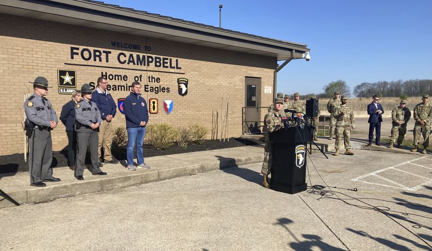 Military officials hold a news conference in Fort Campbell, Ky., Thursday March 30, 2023, to discuss a fatal helicopter crash. Nine people were killed in a crash involving two Army Black Hawk helicopters conducting a nighttime training exercise in Kentucky, a military spokesperson said. (AP Photo/Sharon Johnson)